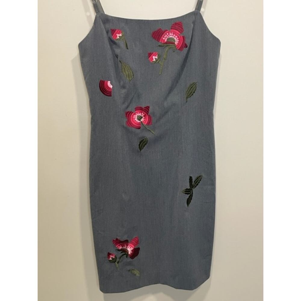 Emboroidered Modern Floral Gray Dress Spaghetti Strap Women's Sz 6